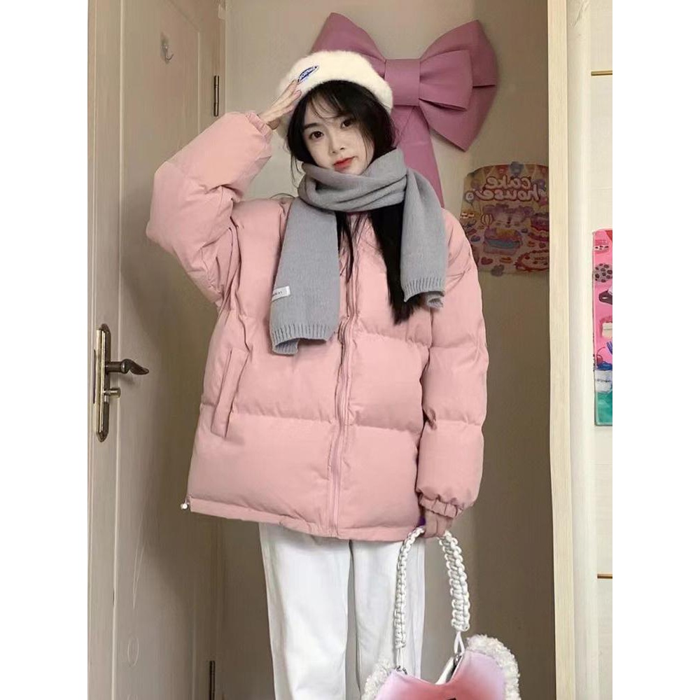 韩版加厚保暖粉色立领棉服外套女2023冬季新款宽松羽绒服棉袄潮