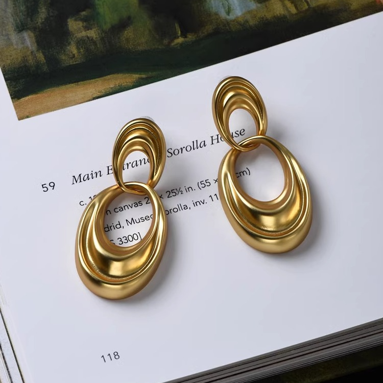 黄铜耳饰 港风复古素金双圈耳环女轻奢小众设计高级感纹理耳坠