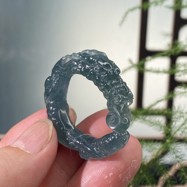 天然翡翠龙戒冰蓝水戒指男款指环粗尺寸戒圈成功