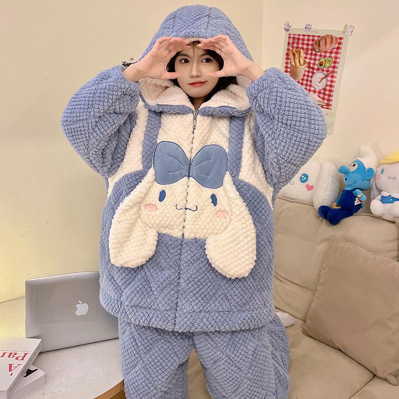 2024年睡衣女士冬季三层加厚保暖珊瑚绒夹棉套装棉袄家居服套装女
