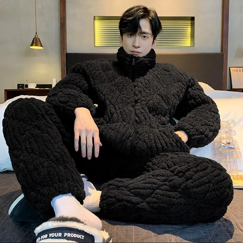睡衣男士冬加绒加厚珊瑚绒三层夹棉2024年新款大码冬天家居服套装