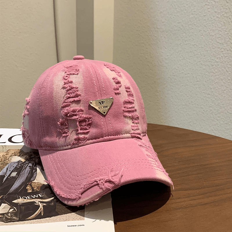复古做旧破洞粉色棒球帽女长帽檐鸭舌帽宽帽檐大脸加宽显脸小帽子