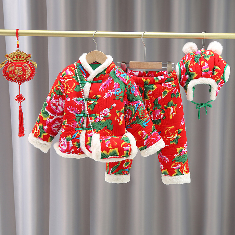 男女童品东北大花布套装宝宝冬季棉服男女童衣服儿童过年棉袄棉裤
