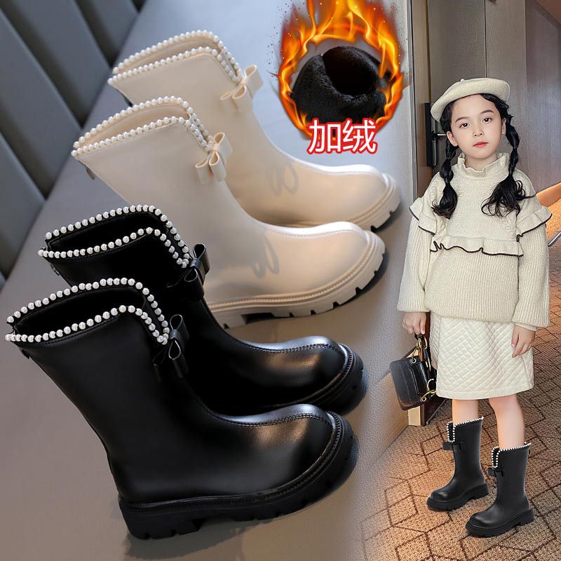 女童加绒长靴2023秋冬新品小女孩时尚中筒棉靴蝴蝶结珍珠公主皮靴
