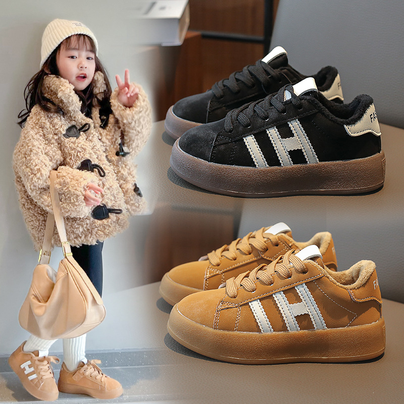 女童鞋运动鞋秋冬季2023新款儿童加绒保暖二棉鞋小女孩低帮乐福鞋