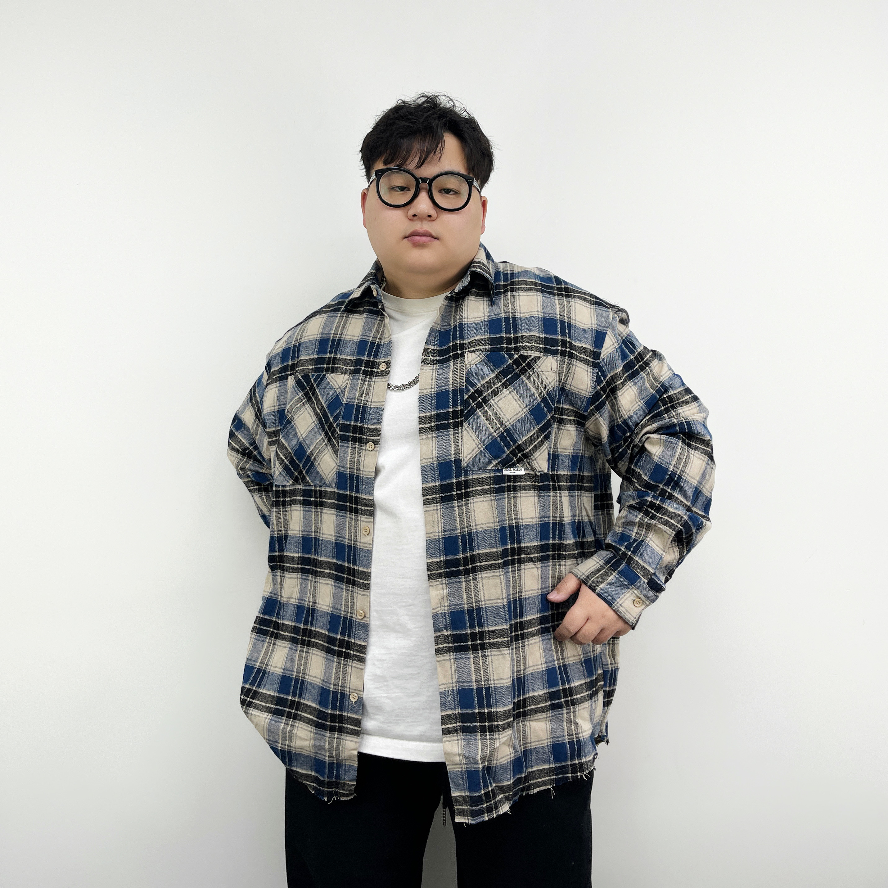 大仙仙儿春秋男士美式格纹磨破做旧口袋衬衫复古休闲宽松潮流长袖