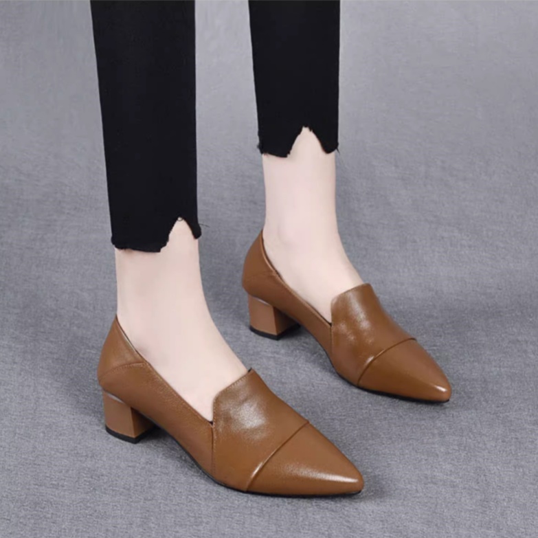 真皮中跟单鞋女2025春季新款尖头粗跟软皮一脚蹬舒适女士小皮鞋女