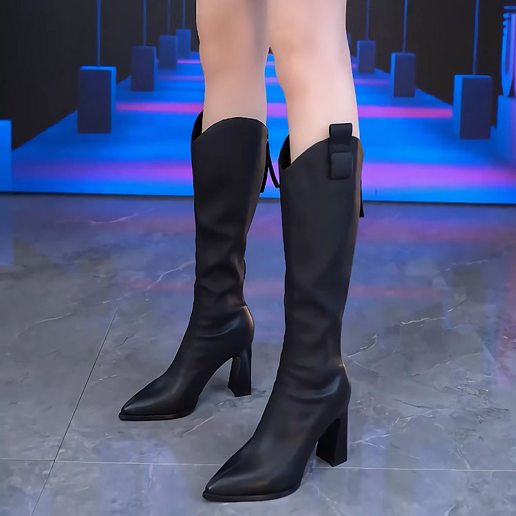 真皮鞋棕色不过膝高跟长靴女2024秋冬尖头粗跟后拉链时尚长筒靴子