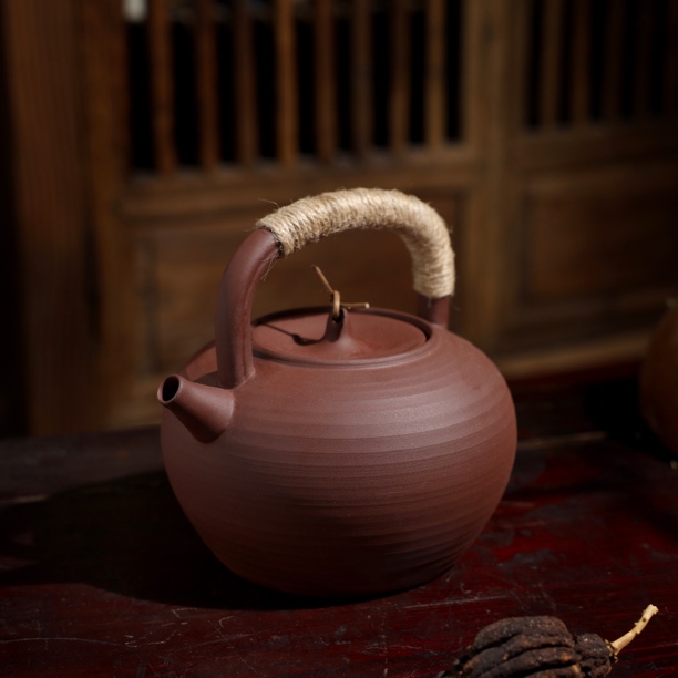 ［炮口］潮州陶壶烧水煮茶壶红泥明火泡茶煮水壶提梁陶瓷砂铫900ml