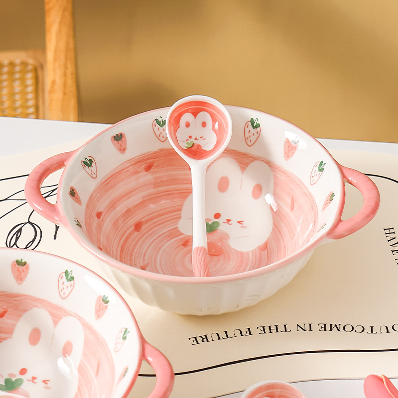【螺蛳粉泡面碗】1碗1勺草莓兔9.5英寸大容量泡面碗陶瓷釉下彩防烫