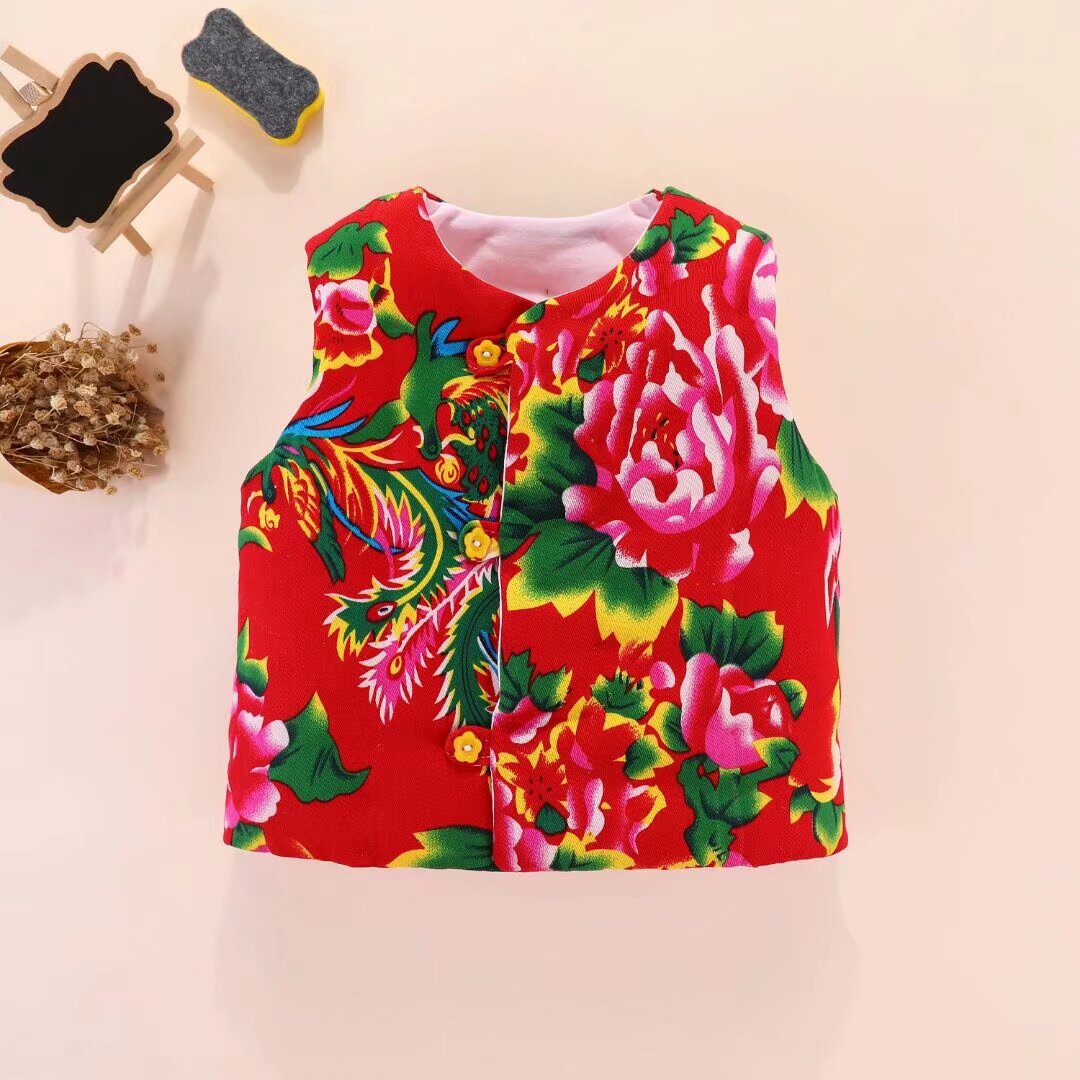 婴幼儿宝宝棉花坎肩手工棉花棉衣冬季加厚棉服马甲加棉外套拜年服