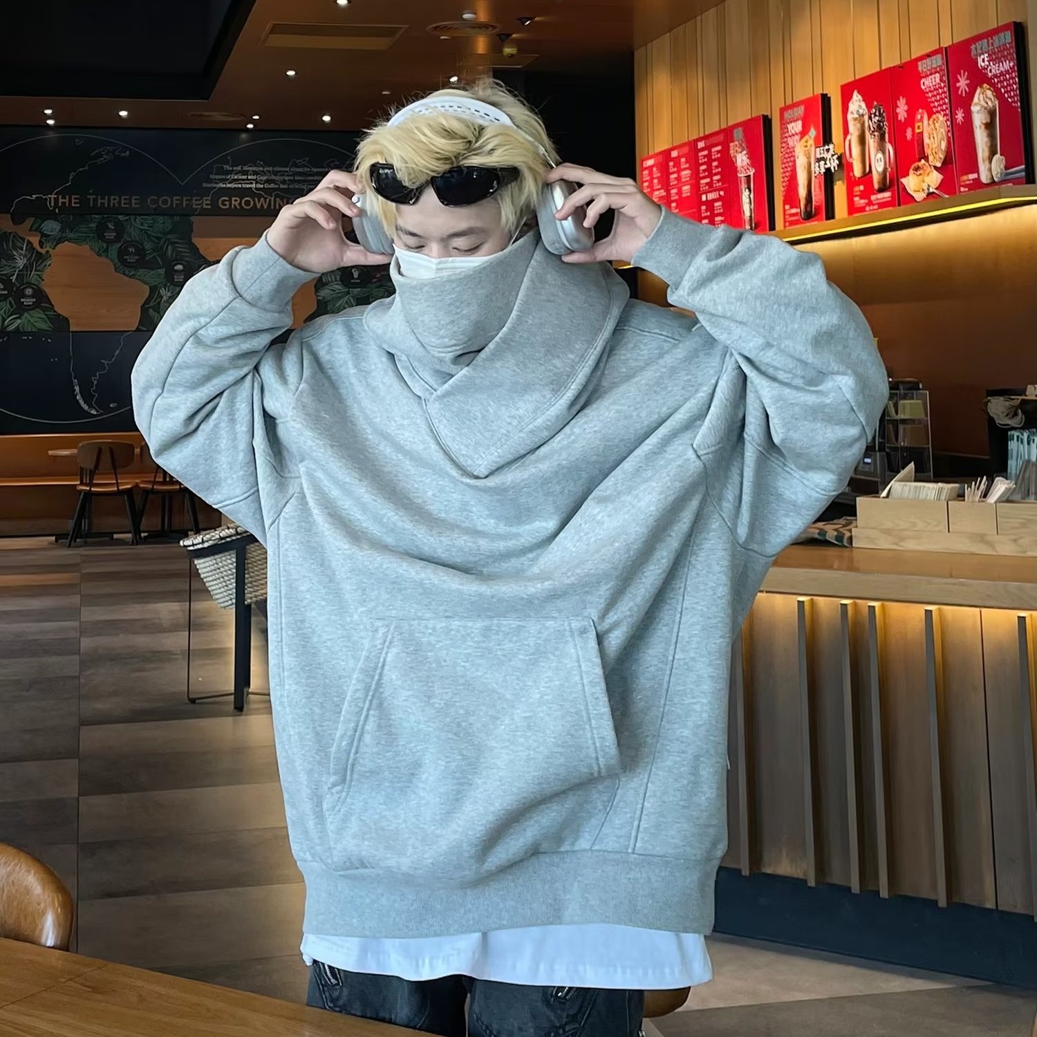 NT美式潮牌机能风外套社恐高领连帽澜卫衣男女潮流宽松百搭上衣