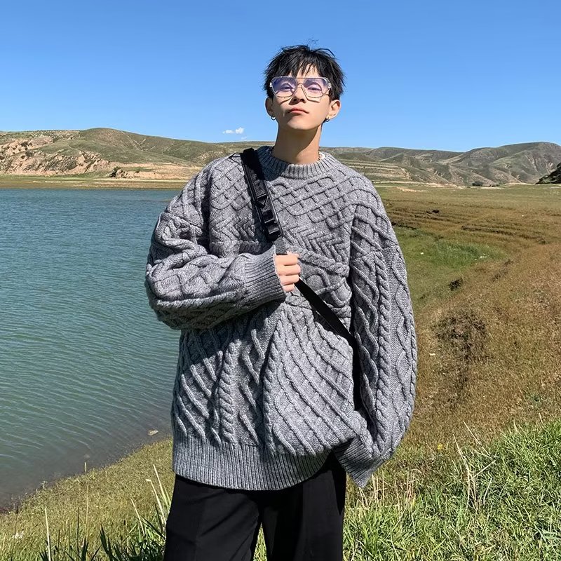 NT麻花毛衣秋冬百搭加厚潮流宽松针织衫韩版潮牌ins复古圆领线衣