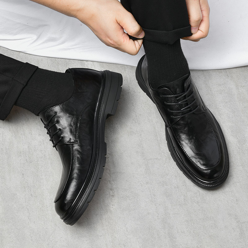 真皮牛皮皮鞋四季H+系带时尚百搭商务休闲新郎男士正装