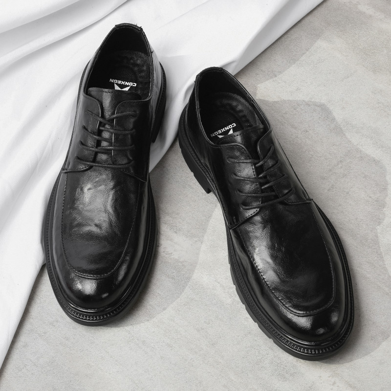 真皮牛皮皮鞋四季H+系带时尚百搭商务休闲新郎男士正装