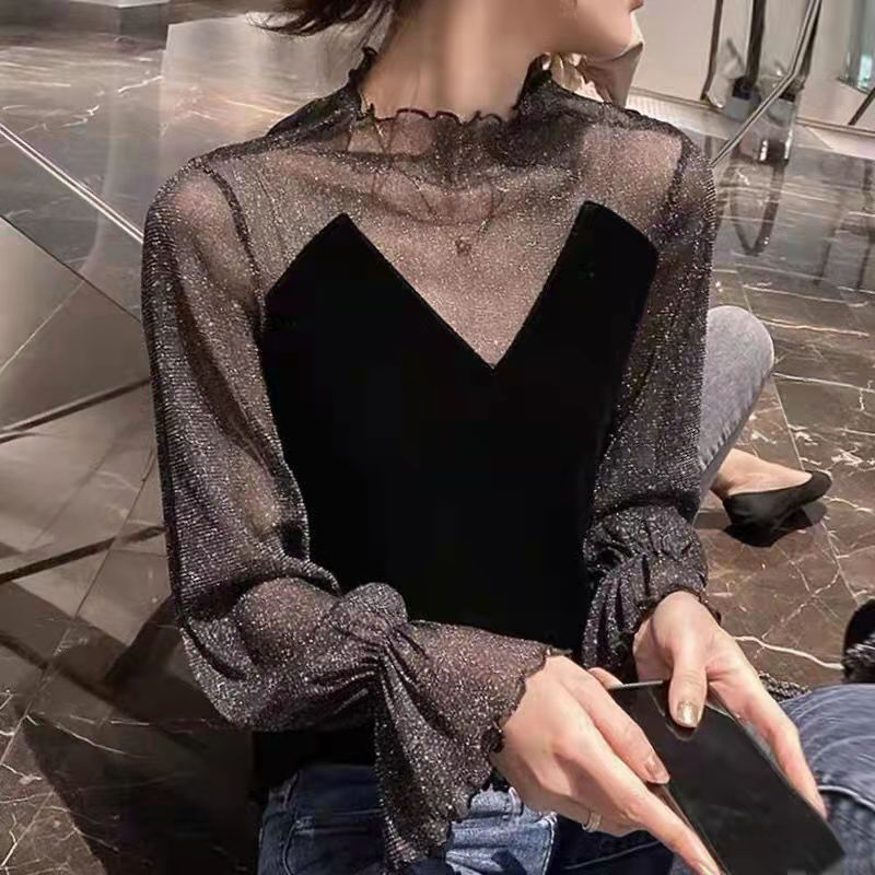 新款丝绒打底衫喇叭袖拼接半高领显瘦洋气上衣女02