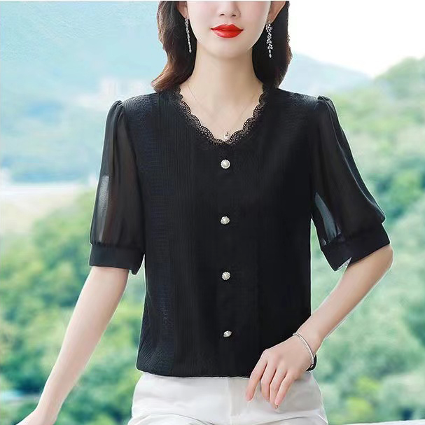 2025夏季新款短袖蕾丝洋气显瘦百搭t恤遮肚子薄款V领