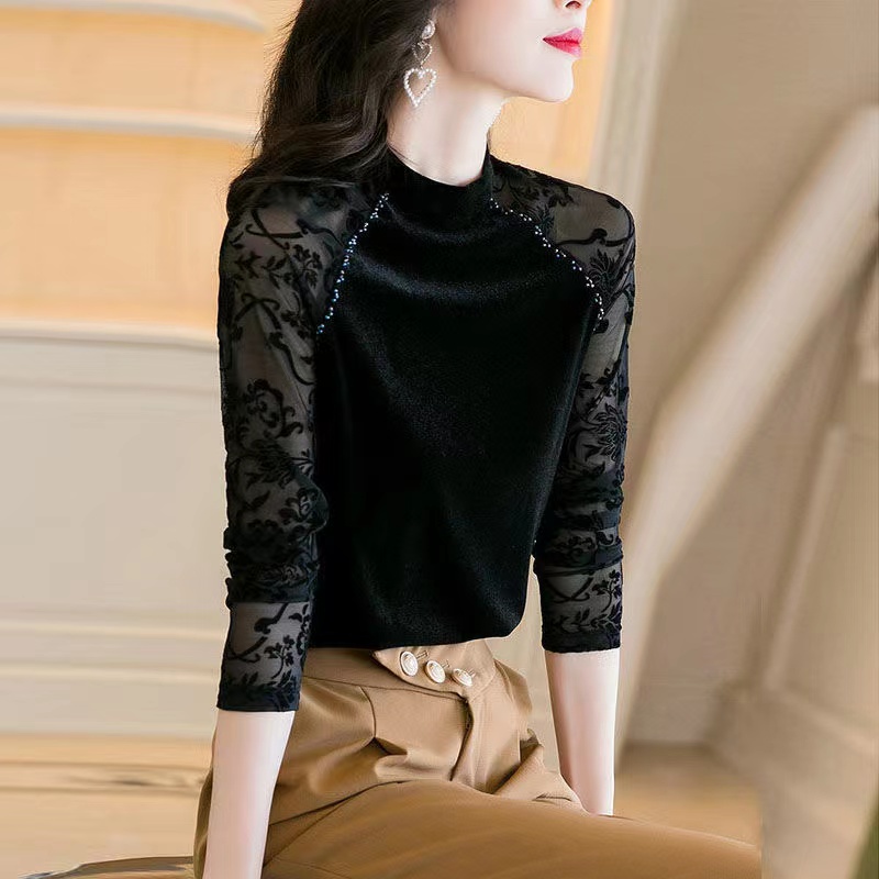 秋季新款丝绒打底衫时尚百搭显瘦上衣小香风拼接t恤女