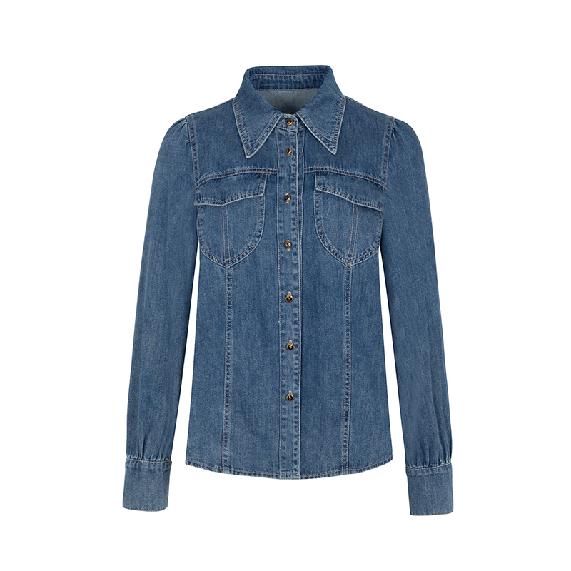 设计师女装2024冬季新款衬衫时尚经典休闲设计感牛仔衬衫34046
