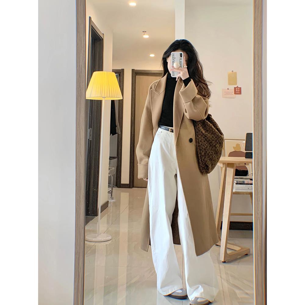 复古卡其色正肩长款风衣外套女秋冬宽松休闲赫本风超好看大衣加厚