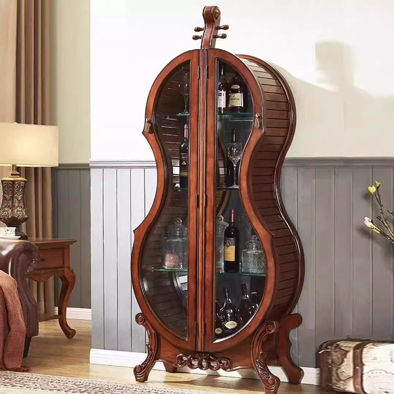 美式实木装饰酒柜客厅储物柜欧式创意大提琴带玻璃门展示摆件家用