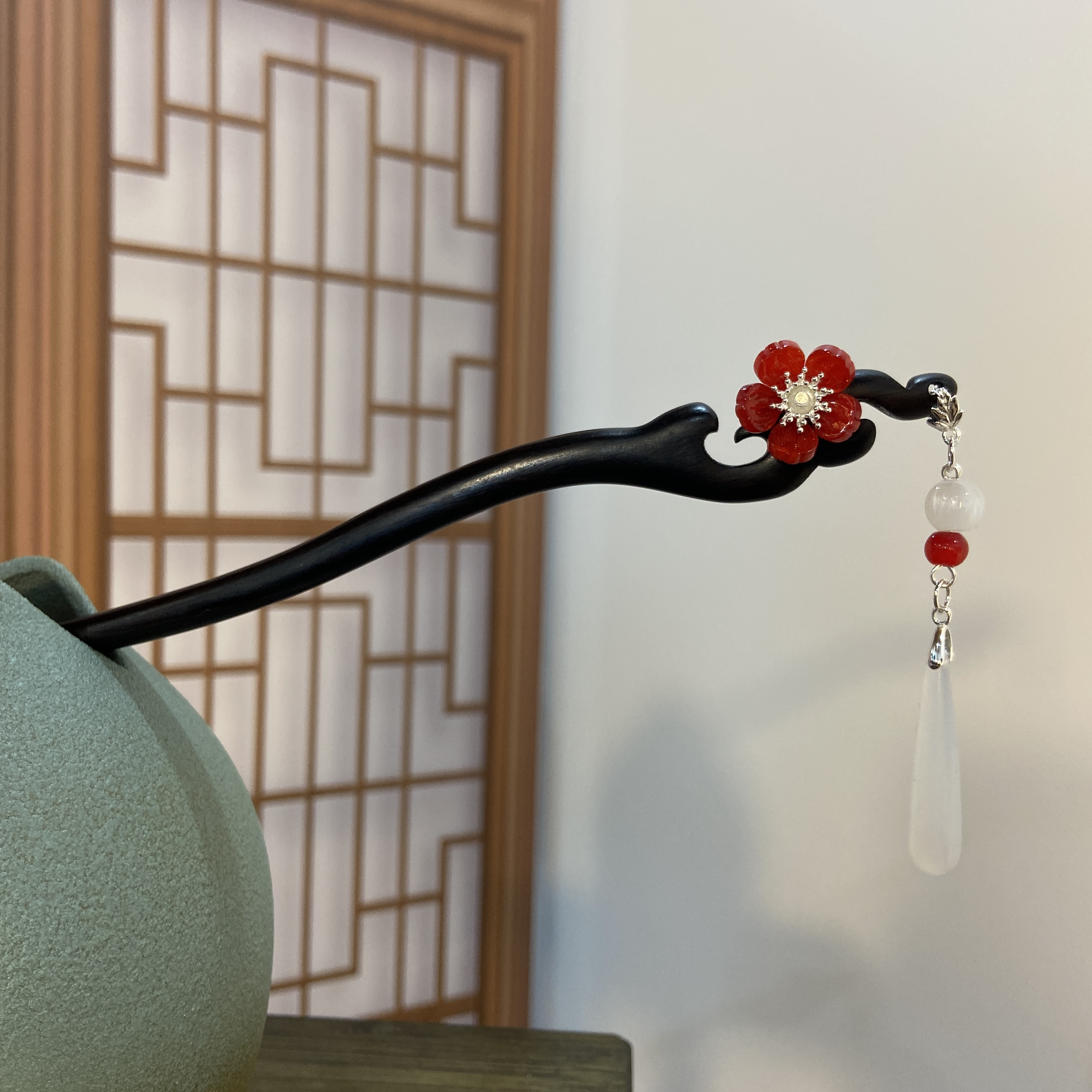 天然黑檀木发簪18cm【知宛】中国风红色小花旗袍步摇日常盘发簪6242