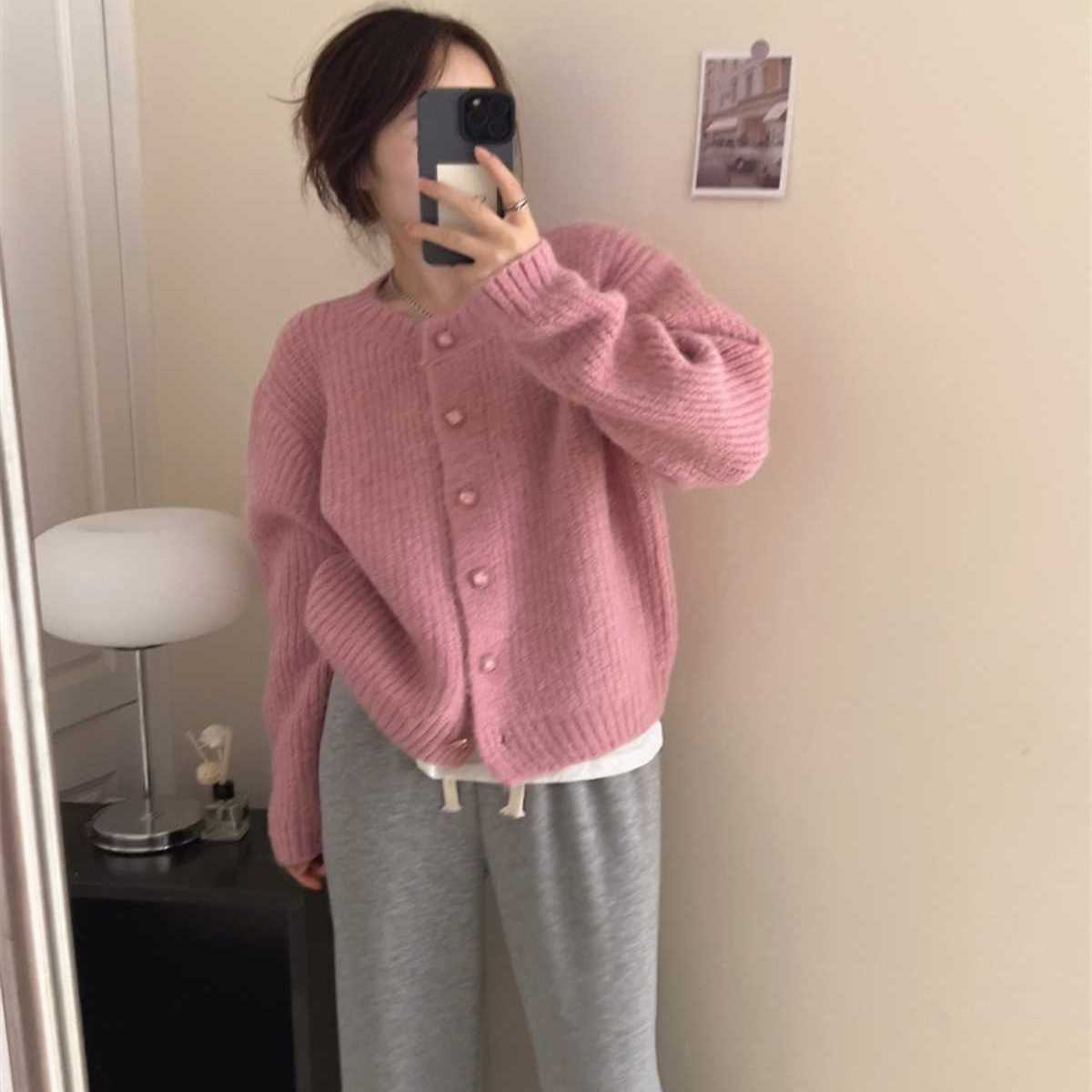 慵懒风韩系毛衣开衫外套女2023秋冬新款气质色加厚针织衫上衣潮