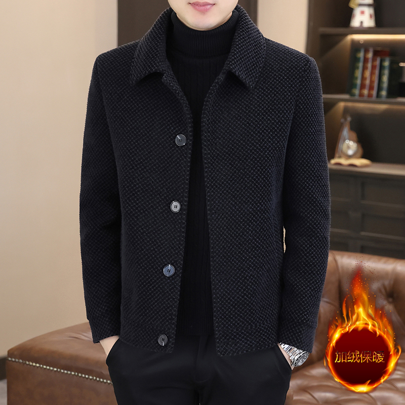 男士短款毛呢大衣秋冬季加绒翻领休闲时尚格子夹克修身上衣外套