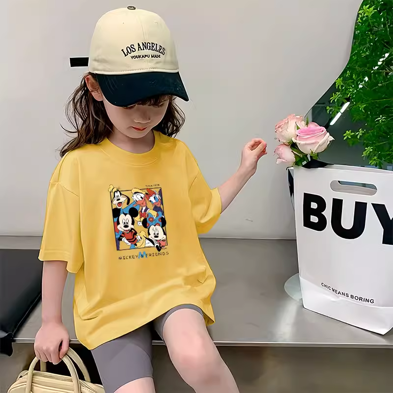 女童夏季2024新款短袖纯棉百搭儿童t恤卡通潮流印花圆领打底衫