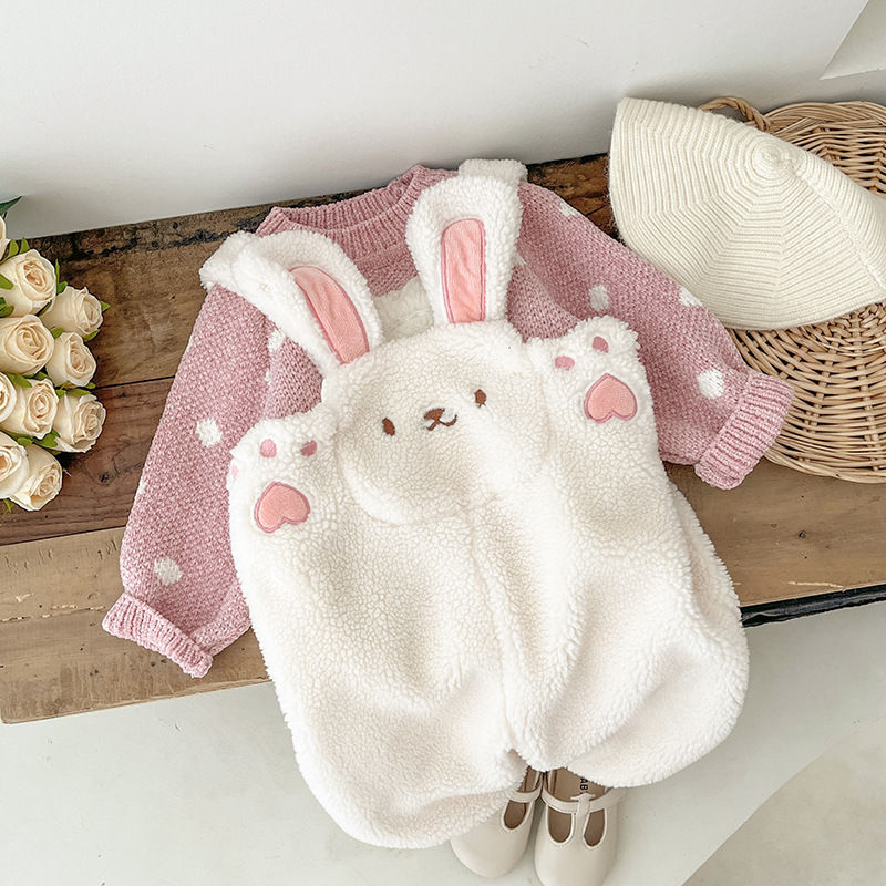 2024新款女童背带裤套装冬装兔子新款加厚宝宝洋气保暖可爱