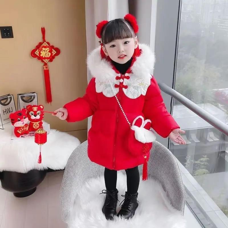 新款棉衣加绒加厚拜年服女童棉服女宝宝红色连帽可拆卸毛领棉袄潮