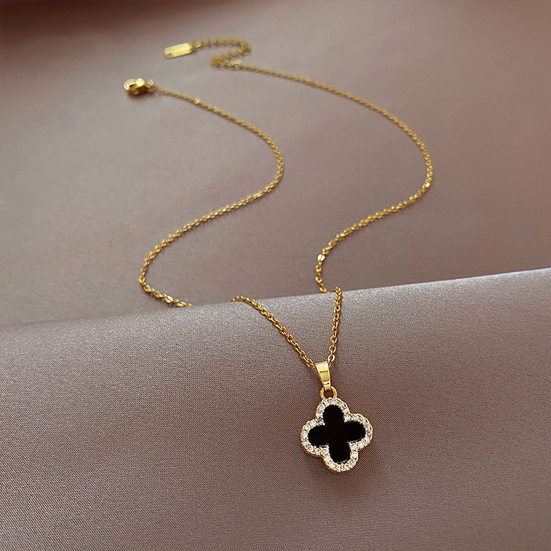 钛钢项链 钛钢项链 四叶花双面气质高级优雅高级锁骨项链锁骨链