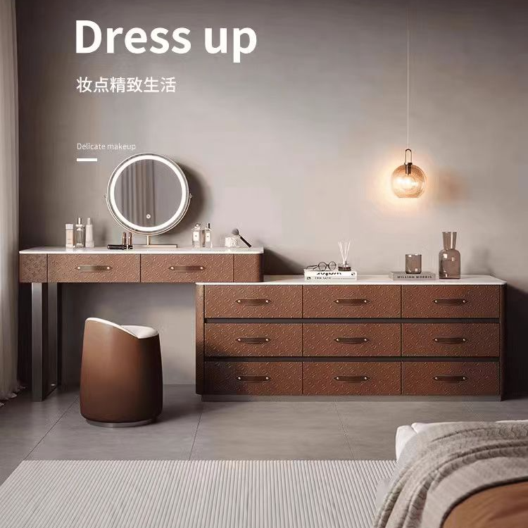 家用精致新款复古压花马鞁皮妆台收纳斗柜一体化妆桌现代极简