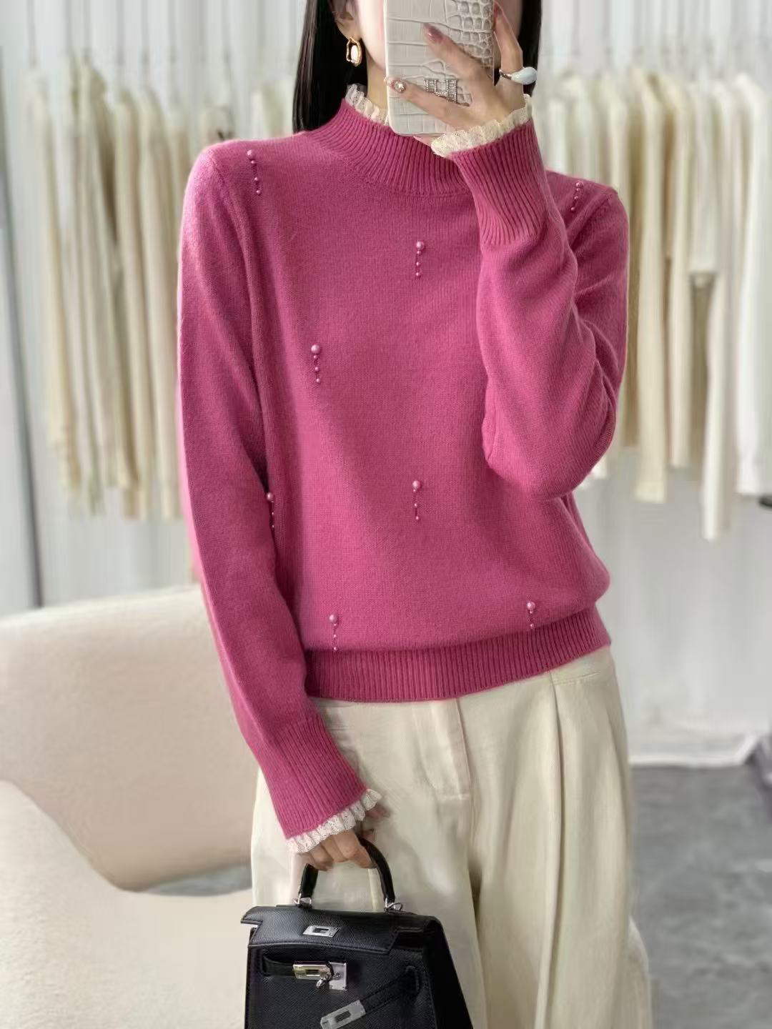 时尚百搭花边领针织衫