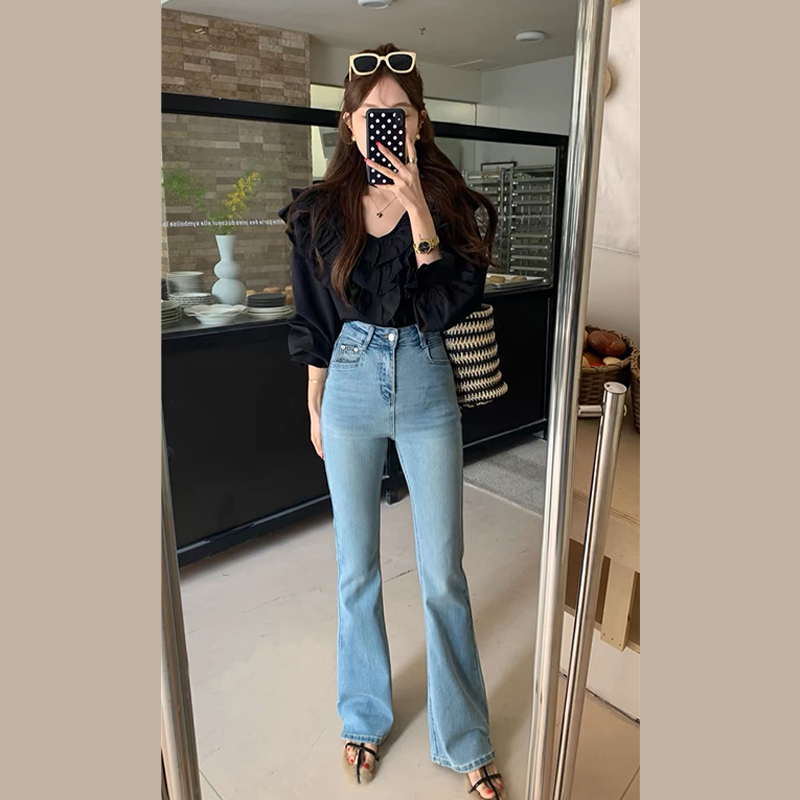高弹微喇牛仔裤女2024春季新款高腰百搭修身显瘦开叉拖地喇叭长裤