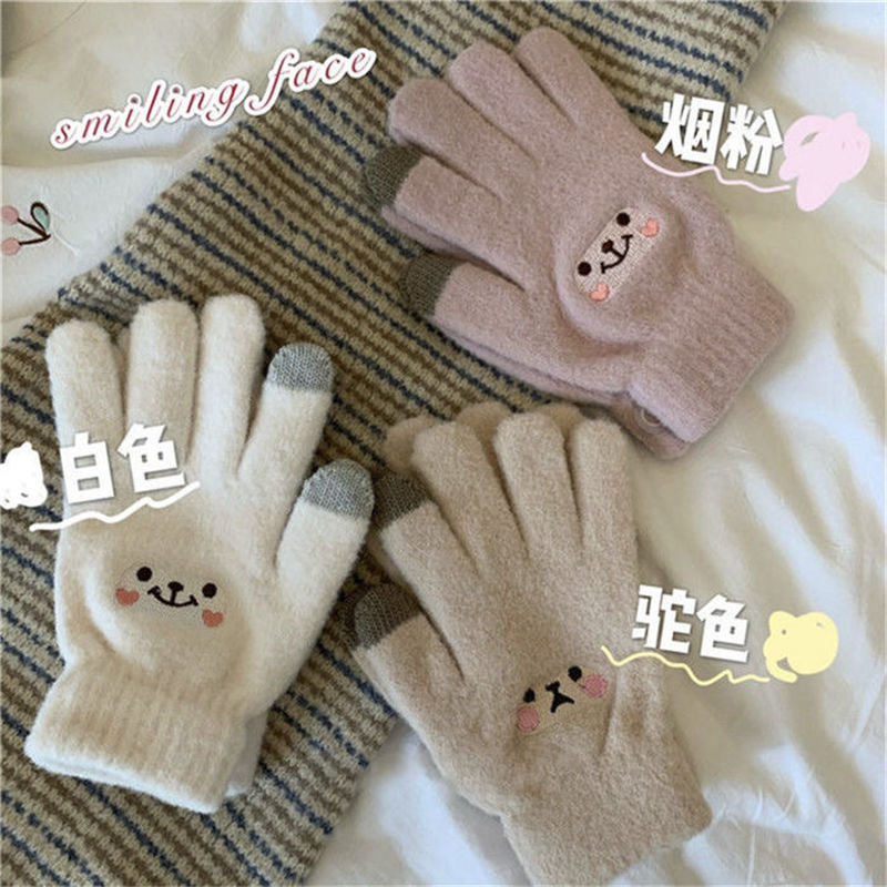 韩版女士笑脸小熊触屏手套可露指冬季保暖手套针织学生骑车户外冬