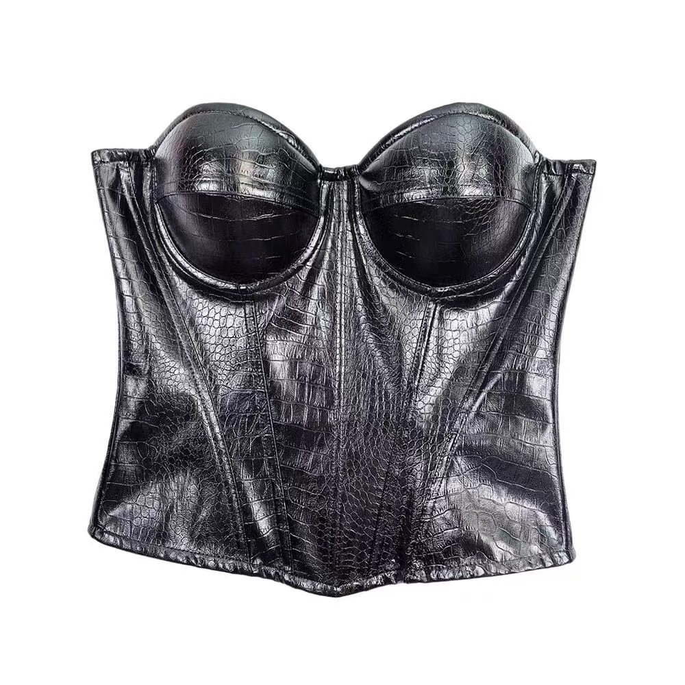 鳄鱼纹PU皮吊带外穿聚拢托胸上衣女辣妹鱼骨胸衣Party上衣