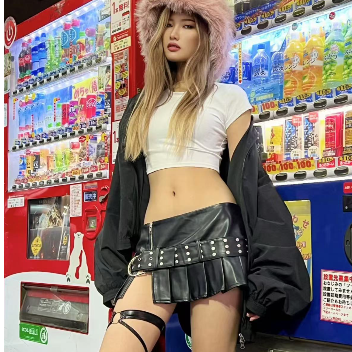  美式辣妹风PU皮开叉腰带百褶裙夏性感街头A字拉链低腰半身裙女