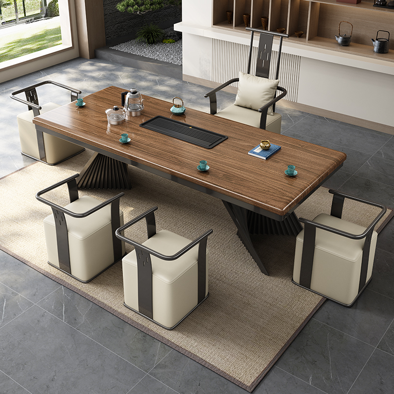 新款乌金实木岩板两款台面茶台办公室家用新中式长方形功夫茶桌