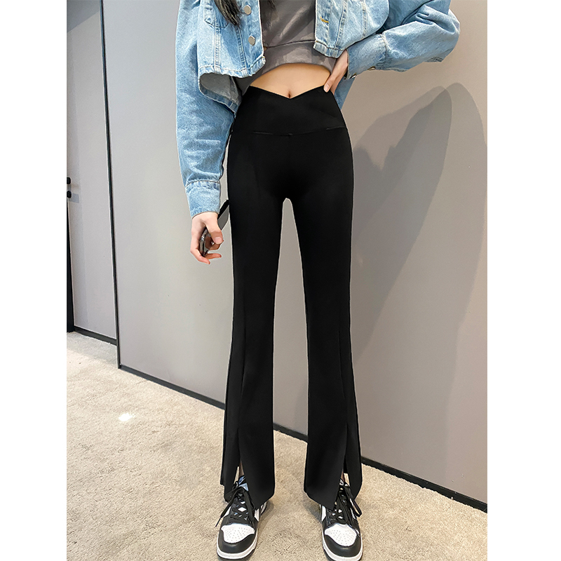 春秋开叉显瘦外穿喇叭裤黑色长裤微喇叭小个子高腰收腹提臀鲨鱼裤