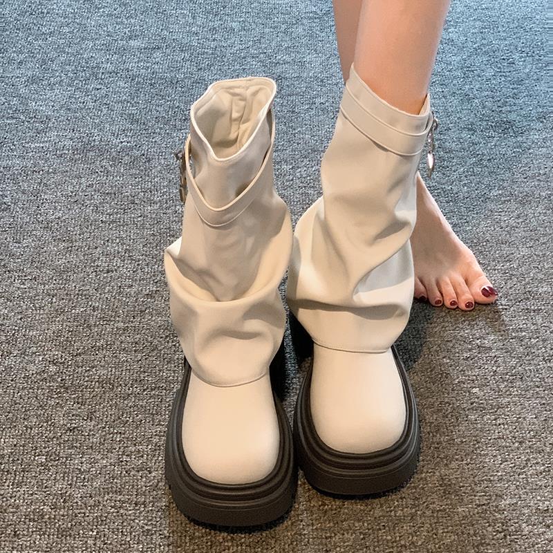 贾不假网红短筒靴女2023秋冬季新款加绒洋气复古百搭厚底裤管冬靴