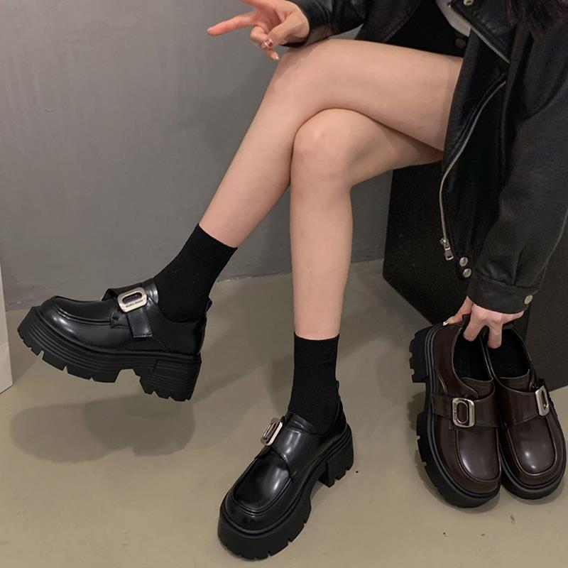 贾不假小皮鞋女款2023新款秋冬季加绒乐福鞋英伦风小个子厚底包鞋