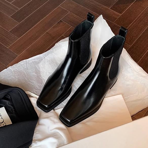 牛皮版~真皮英伦风马丁靴女2023新款粗跟切尔西靴方头短靴瘦瘦靴