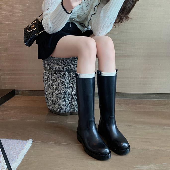 羊皮版~真皮直筒靴厚底黑色骑士靴女机车靴中高筒靴不过膝长筒靴