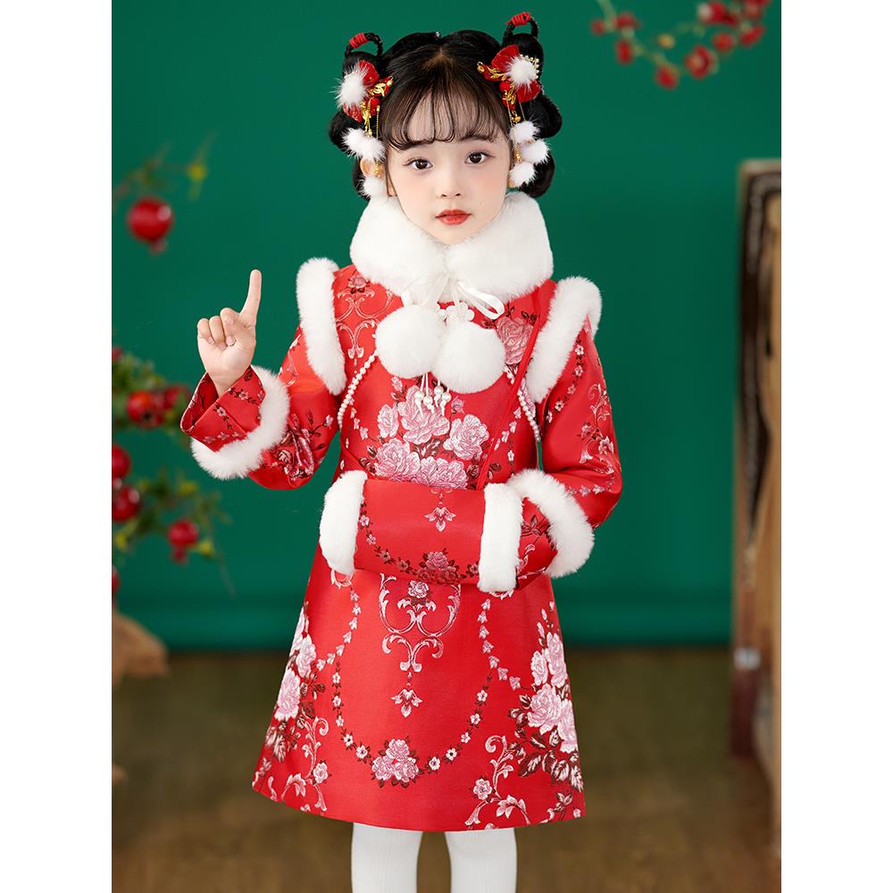女童旗袍拜年服2023冬装新款儿童洋气公主裙唐装小女孩国风连衣裙