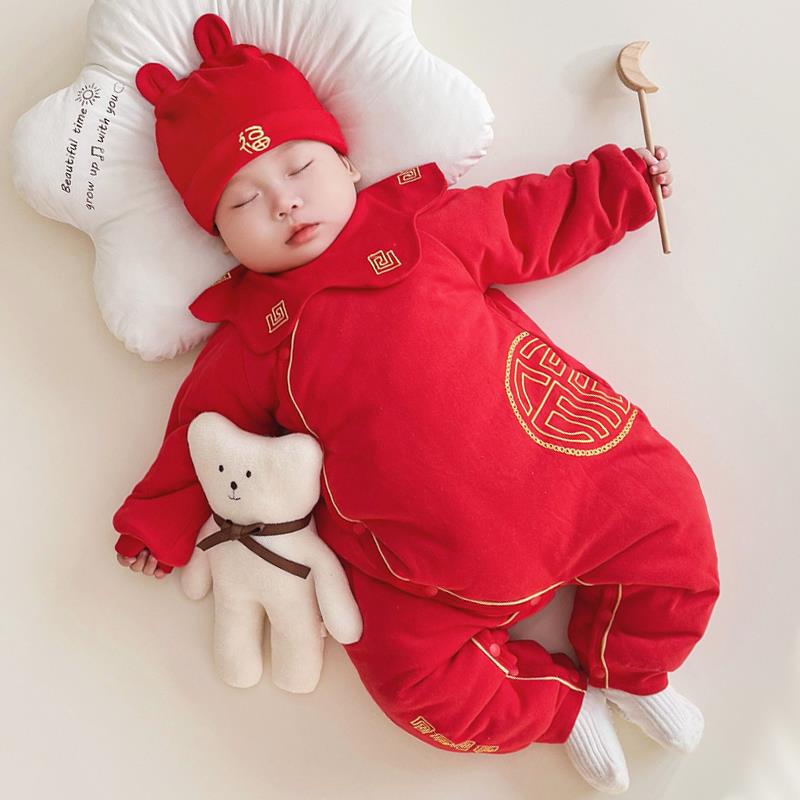 婴儿冬季连身衣宝宝新年服拜年服大红色满月周岁新生儿护肚蝴蝶衣