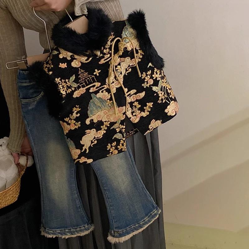 2023冬装女童重工设计感复古马甲背心儿童慵懒牛仔裤女宝宝唐装