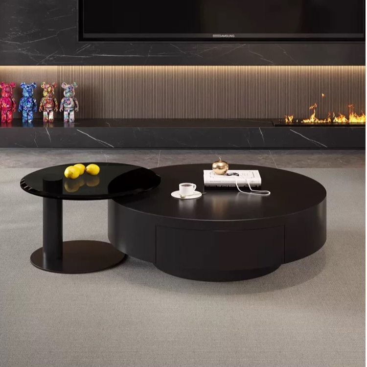 2025新款黑色岩板茶几家用轻奢高级感设计师款不锈钢圆形客厅组合