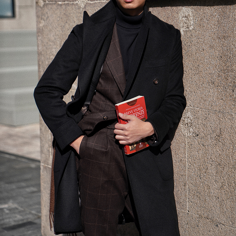 CM那不勒斯皇后经典优雅黑枪驳领半麻衬中长款马球大衣118