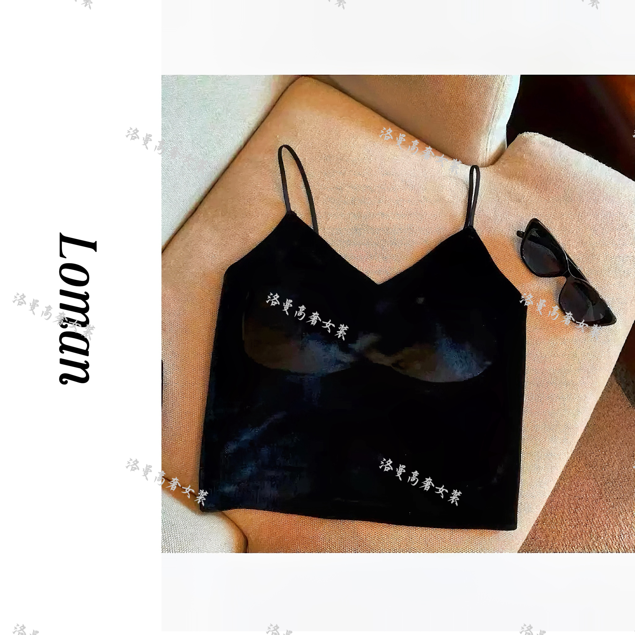 内搭丝绒吊带美背女背心打底高奢时尚性感黑色短款